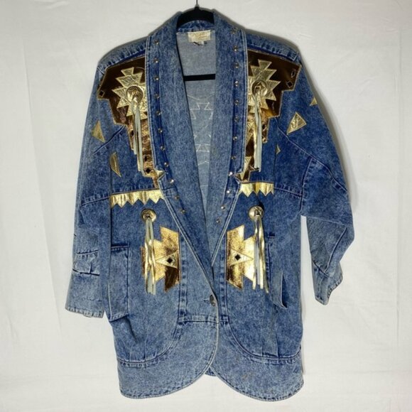 Vintage 90s Marshall Rousso Acid Wash Denim Jacket W Gold Western Accents S - Picture 2 of 16